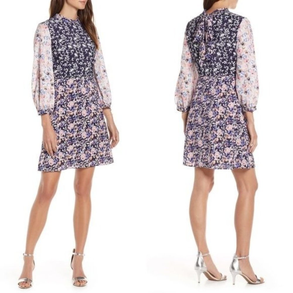 1901 Colorblock Floral Woven Dress New Nordstrom Size 8 3/4 Sleeve Mini Dress